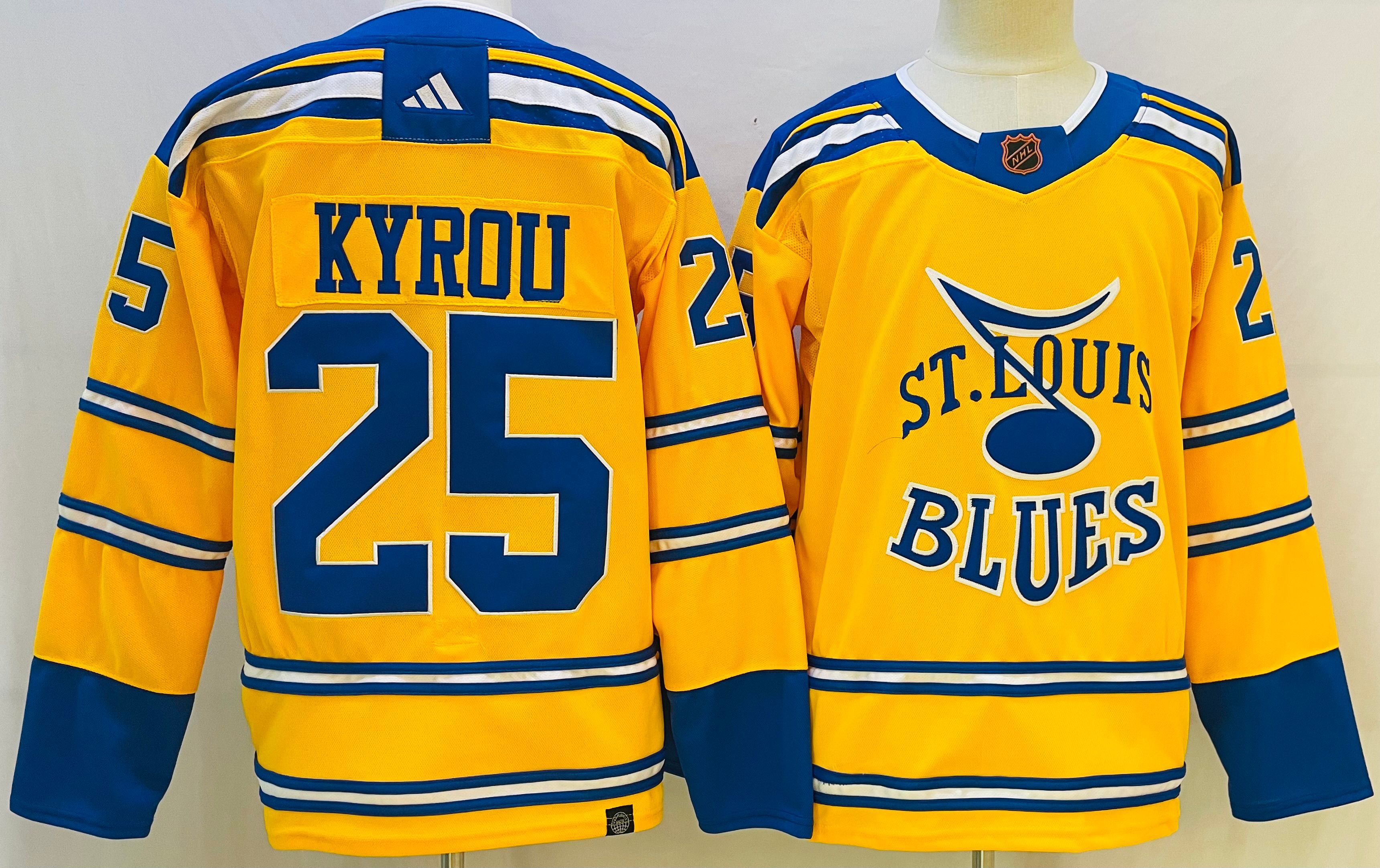 Men St.Louis Blues #25 Kyrou Yellow Throwback 2022 Adidas NHL Jersey